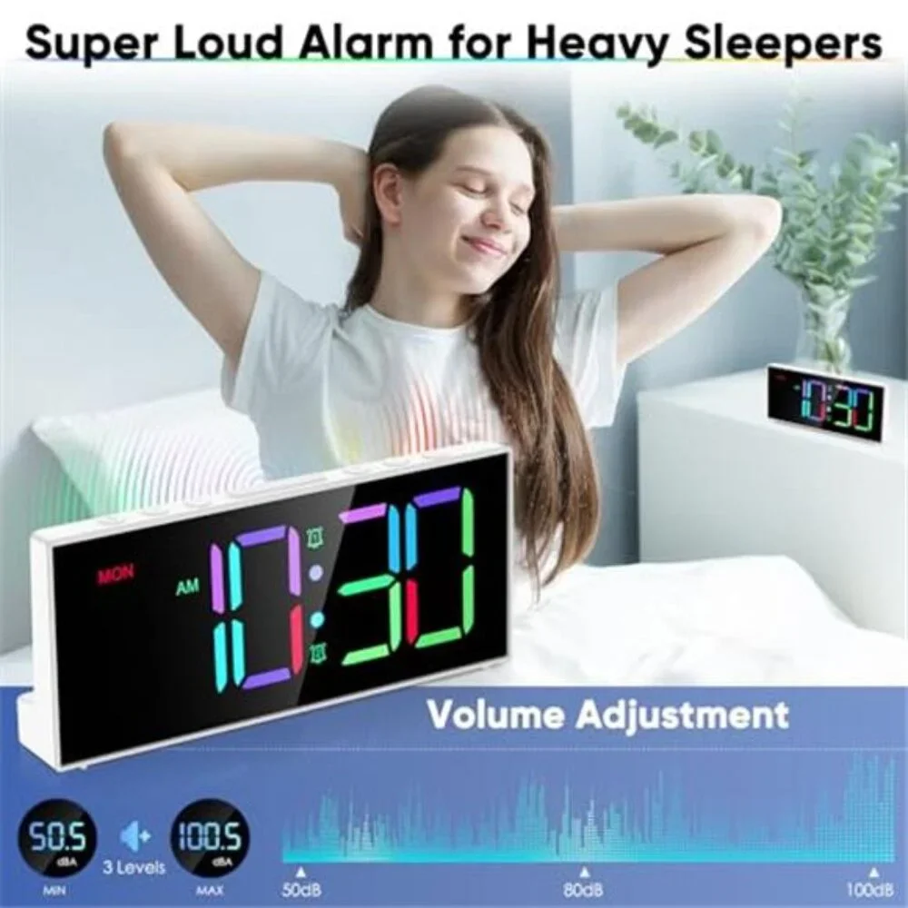 Large Digital Alarm Clock Big Numbers Dual Alarm USB Mirror LED White
